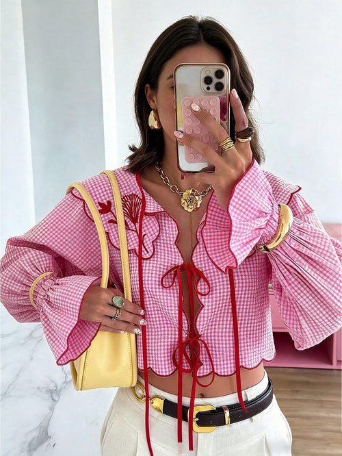 Spring/Summer Tie Collar Ruffle Flare Sleeve Blouse, Sweet Elegant Lady Shirt For School, Party, Wedding, Beach, Vacation, Pink