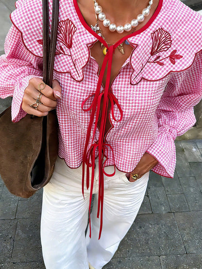 Spring/Summer Tie Collar Ruffle Flare Sleeve Blouse, Sweet Elegant Lady Shirt For School, Party, Wedding, Beach, Vacation, Pink