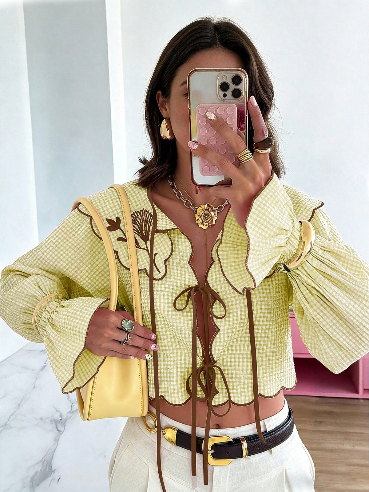 Spring/Summer Tie Collar Ruffle Flare Sleeve Blouse, Sweet Elegant Lady Shirt For School, Party, Wedding, Beach, Vacation, Pink