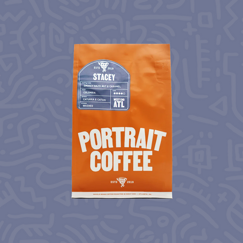 Orange Stacey coffee bag from Portrait Coffee featuring a blue Stacey label and Colombia origin.