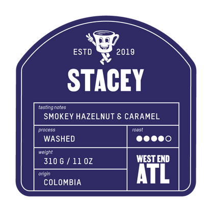 Close up of the STACEY label on a purple bag showing smoky hazelnut and caramel tasting notes