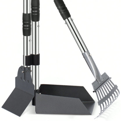Stainless Steel Dog Pooper Scooper Set, Durable, Rust Proof Tray And Rake Set, Pet Waste Removal Scoop With Adjustable Handles, Easy To Clean, Ideal For All Breeds