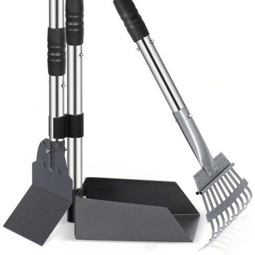 Stainless Steel Dog Pooper Scooper Set, Durable, Rust Proof Tray And Rake Set, Pet Waste Removal Scoop With Adjustable Handles, Easy To Clean, Ideal For All Breeds