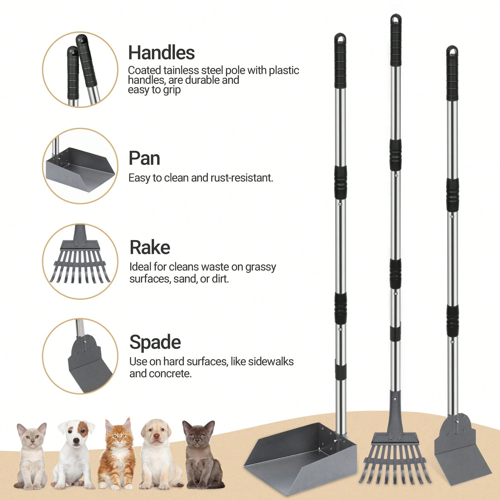Stainless Steel Dog Pooper Scooper Set, Durable, Rust Proof Tray And Rake Set, Pet Waste Removal Scoop With Adjustable Handles, Easy To Clean, Ideal For All Breeds