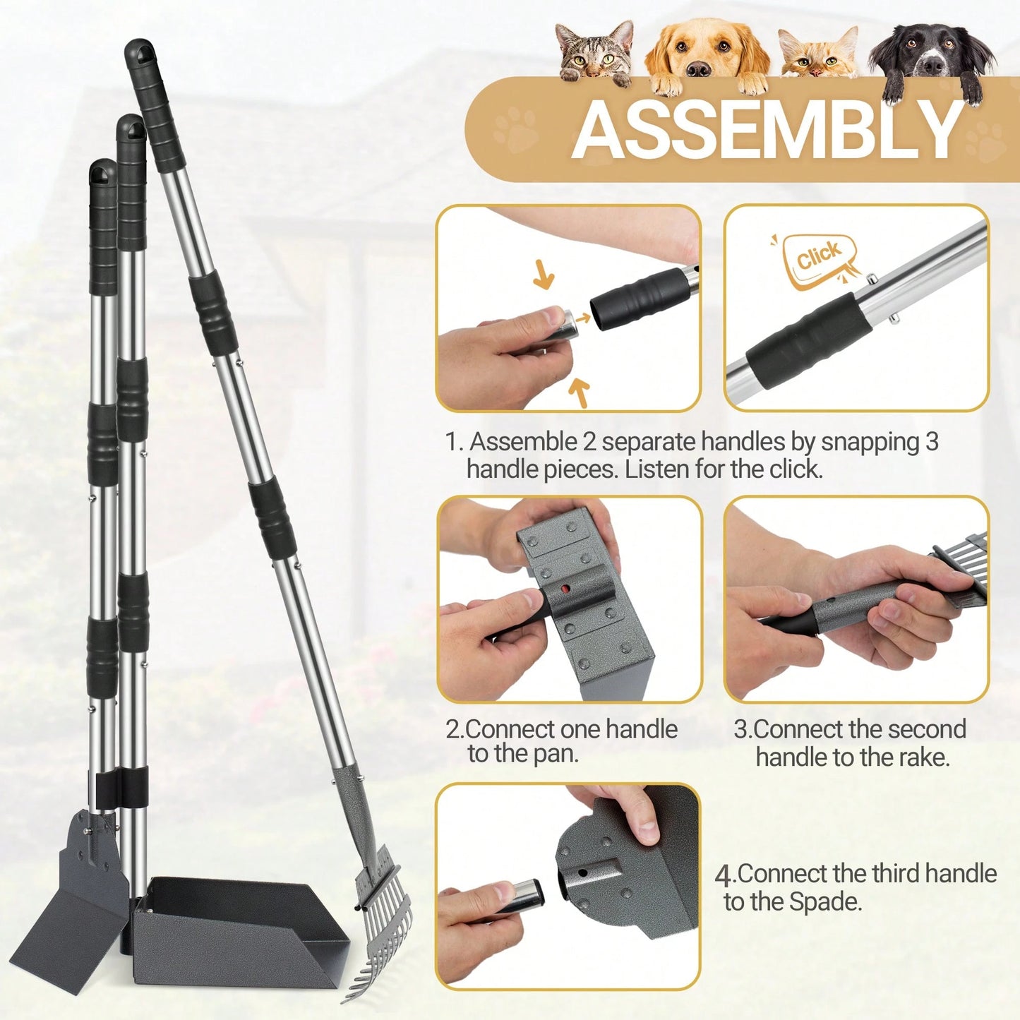 Stainless Steel Dog Pooper Scooper Set, Durable, Rust Proof Tray And Rake Set, Pet Waste Removal Scoop With Adjustable Handles, Easy To Clean, Ideal For All Breeds