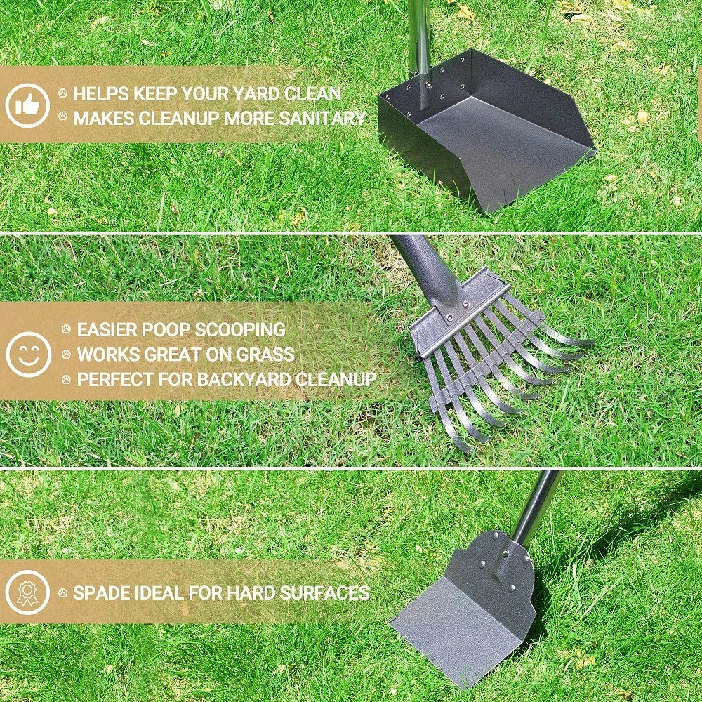 Stainless Steel Dog Pooper Scooper Set, Durable, Rust Proof Tray And Rake Set, Pet Waste Removal Scoop With Adjustable Handles, Easy To Clean, Ideal For All Breeds