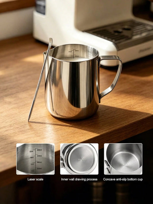 Stainless Steel Latte Art Cup With Latte Pin With Measurement Scale, Pointed Spout, Espresso Steaming Coffee Barista Latte Milk Jug For Espresso, Latte Art, Cappuccino Hot Chocolate Back To School,Hom