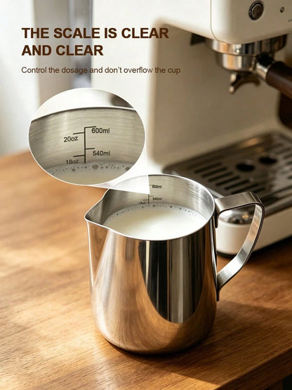 Stainless Steel Latte Art Cup With Latte Pin With Measurement Scale, Pointed Spout, Espresso Steaming Coffee Barista Latte Milk Jug For Espresso, Latte Art, Cappuccino Hot Chocolate Back To School,Hom