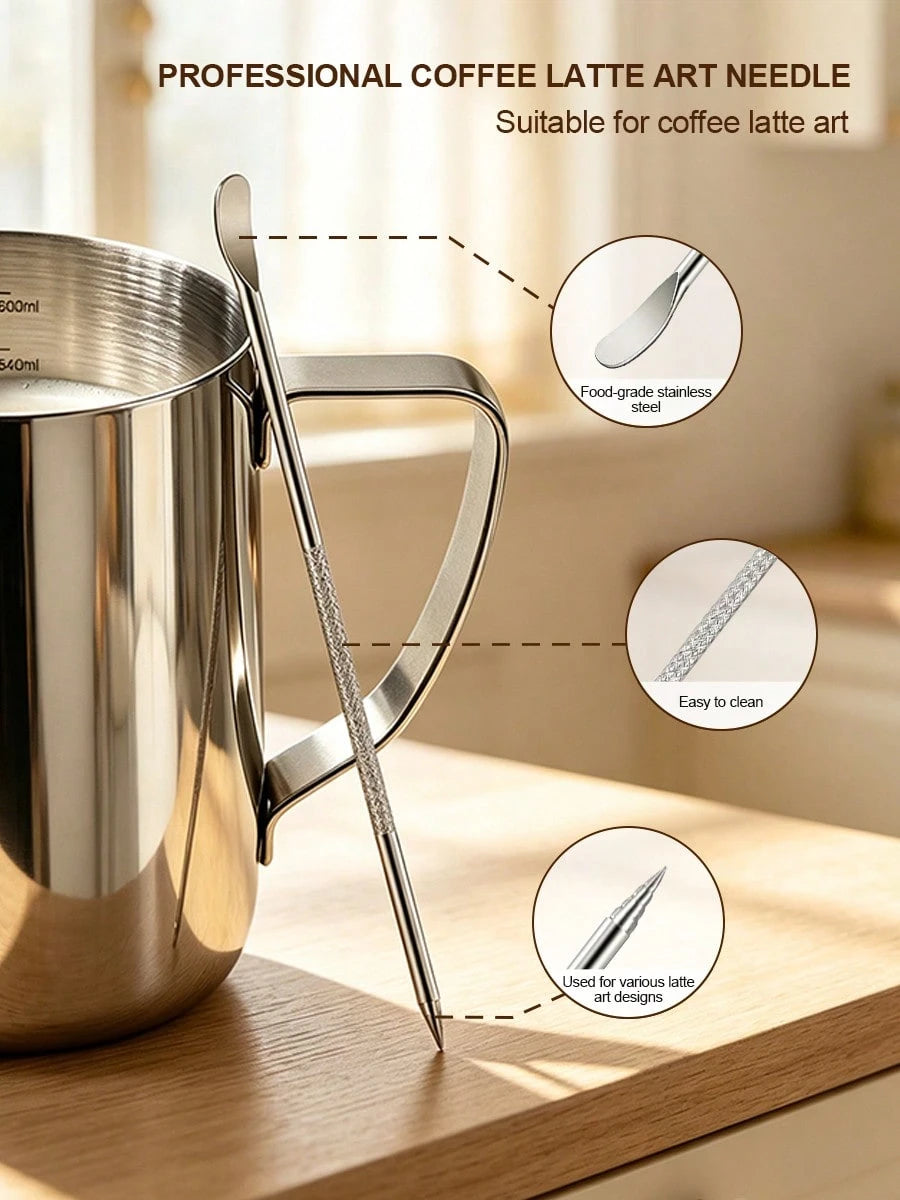 Stainless Steel Latte Art Cup With Latte Pin With Measurement Scale, Pointed Spout, Espresso Steaming Coffee Barista Latte Milk Jug For Espresso, Latte Art, Cappuccino Hot Chocolate Back To School,Hom