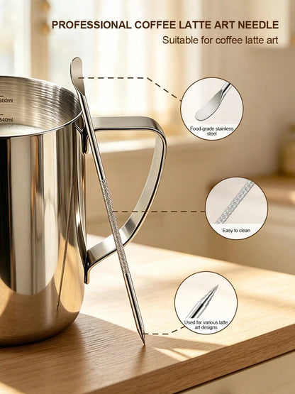 Stainless Steel Latte Art Cup With Latte Pin With Measurement Scale, Pointed Spout, Espresso Steaming Coffee Barista Latte Milk Jug For Espresso, Latte Art, Cappuccino Hot Chocolate Back To School,Hom