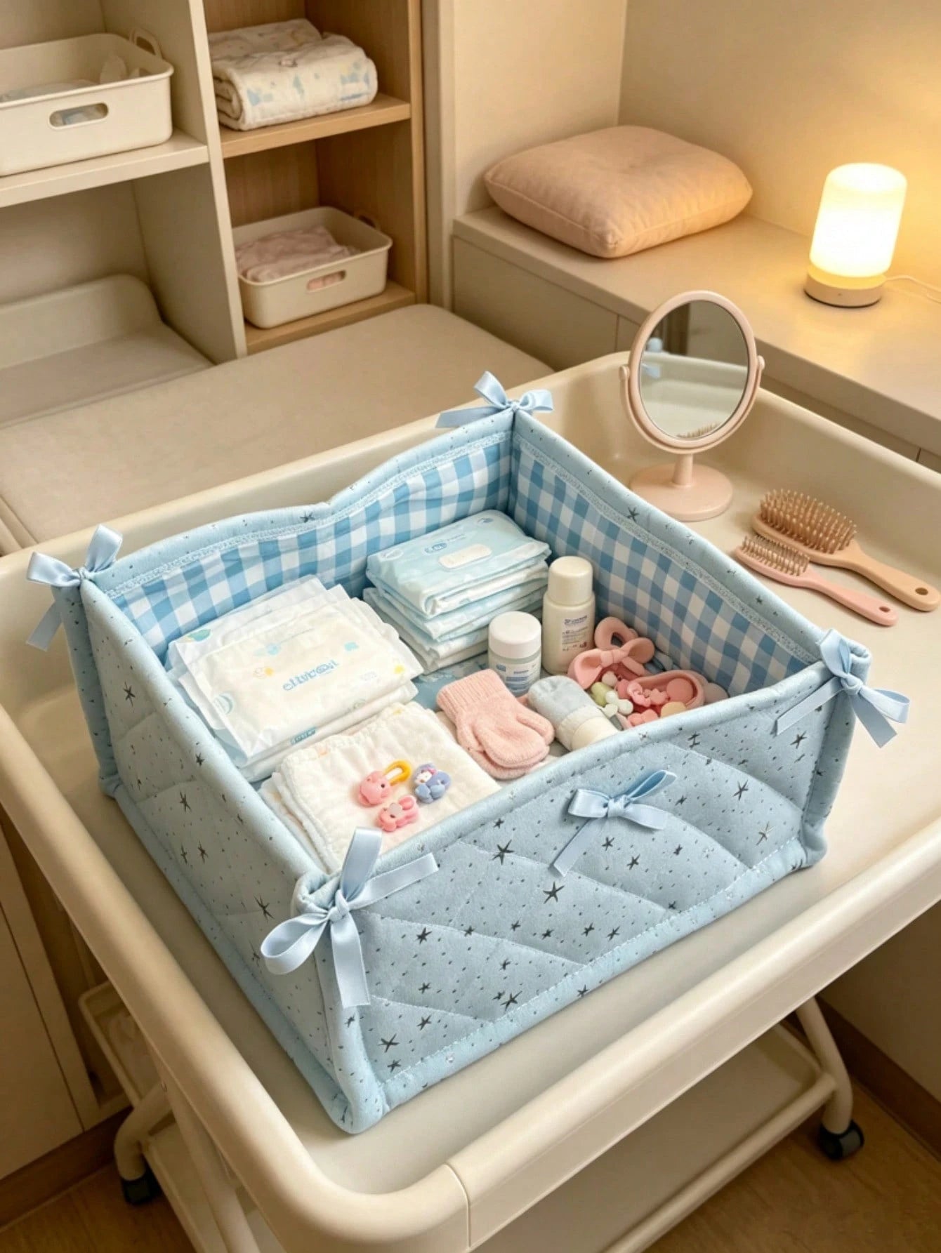 Star Quilted Baby Storage Basket With Bow, Foldable Nursery Organizer Bin For Diapers Clothes Infant Toiletries