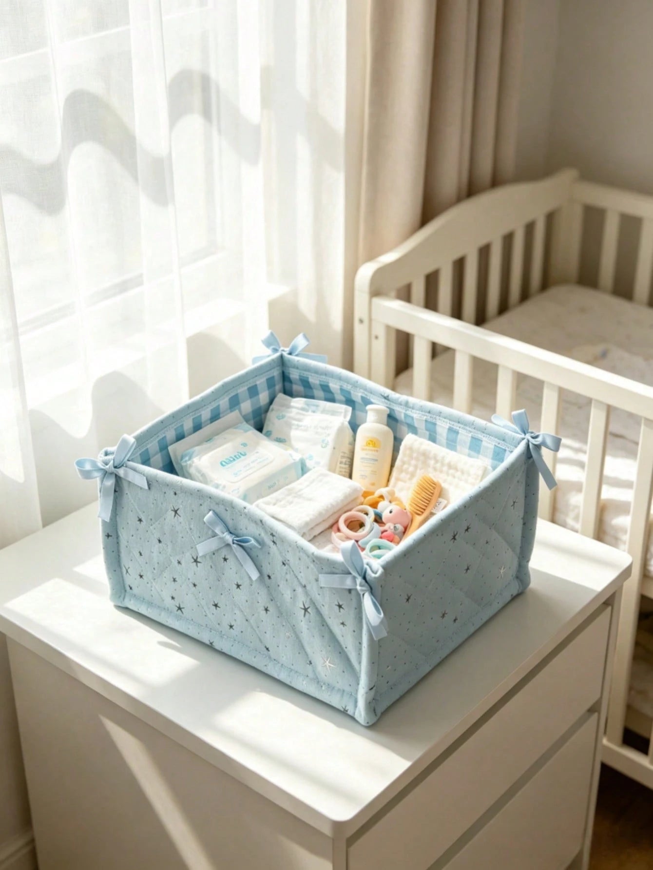 Star Quilted Baby Storage Basket With Bow, Foldable Nursery Organizer Bin For Diapers Clothes Infant Toiletries