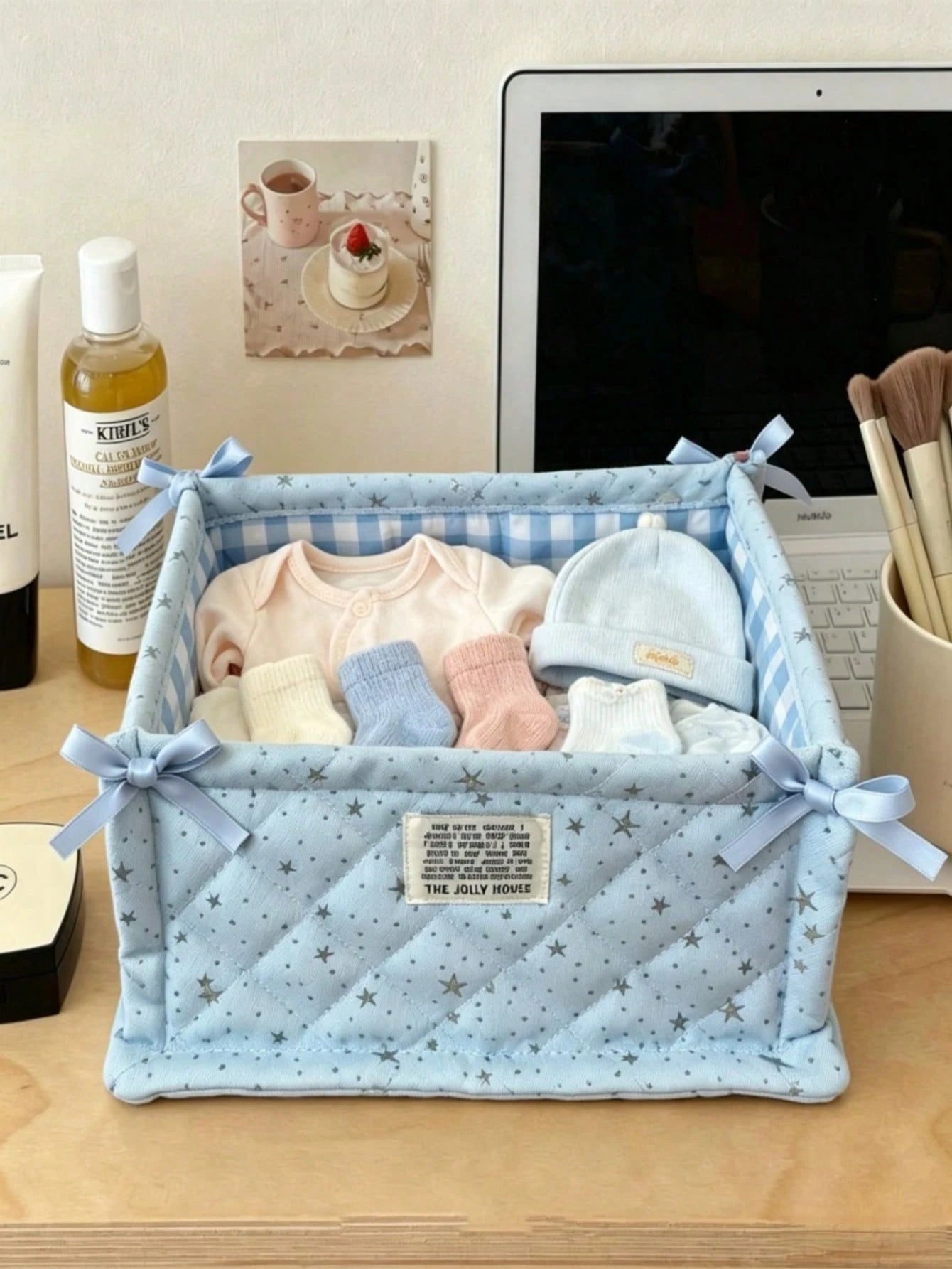 Star Quilted Baby Storage Basket With Bow, Foldable Nursery Organizer Bin For Diapers Clothes Infant Toiletries