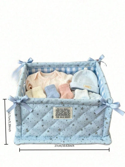 Star Quilted Baby Storage Basket With Bow, Foldable Nursery Organizer Bin For Diapers Clothes Infant Toiletries