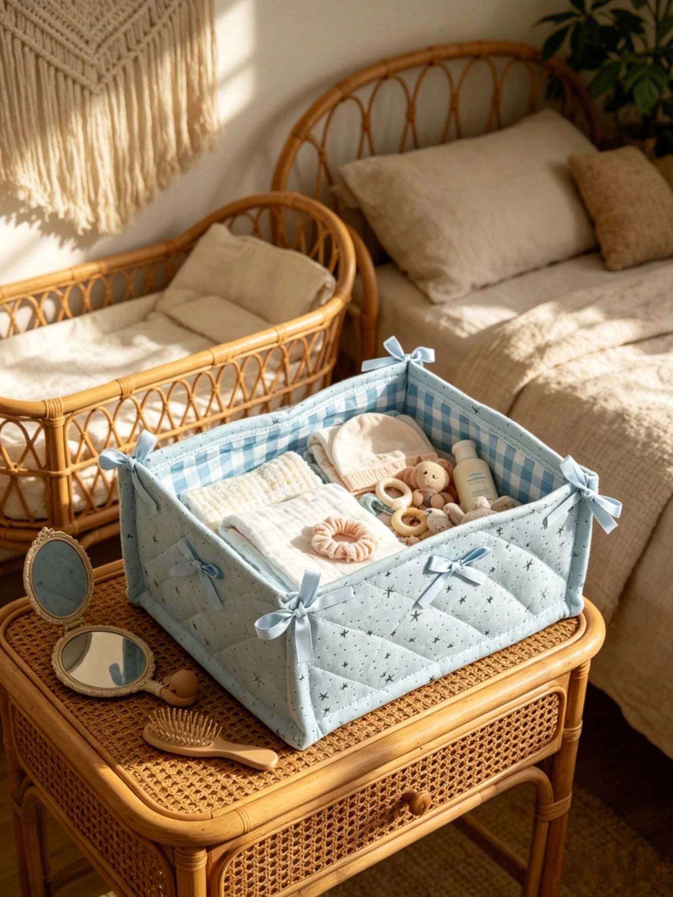 Star Quilted Baby Storage Basket With Bow, Foldable Nursery Organizer Bin For Diapers Clothes Infant Toiletries
