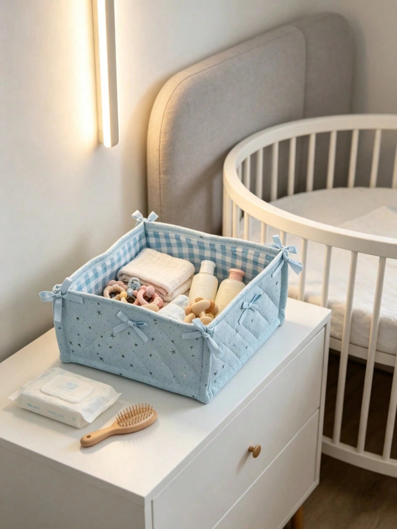Star Quilted Baby Storage Basket With Bow, Foldable Nursery Organizer Bin For Diapers Clothes Infant Toiletries