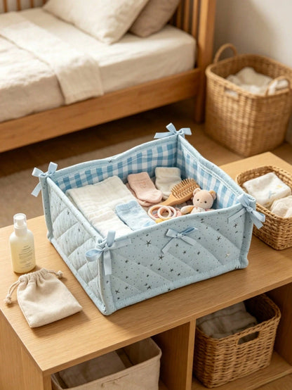 Star Quilted Baby Storage Basket With Bow, Foldable Nursery Organizer Bin For Diapers Clothes Infant Toiletries