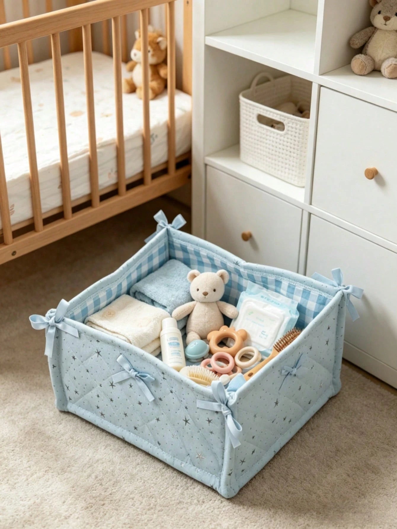 Star Quilted Baby Storage Basket With Bow, Foldable Nursery Organizer Bin For Diapers Clothes Infant Toiletries