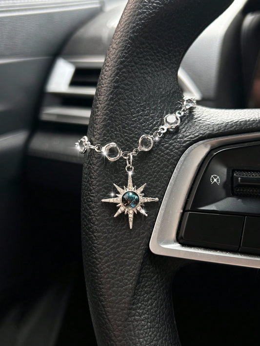Starry Sky Sun Car Pendant, Rhinestone Sun Charm Vintage Alloy Decor For Car Steering Wheel
