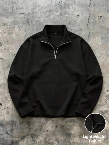 STEELVANCE Men's Black Autumn Basic Casual Long Sleeve Zip-Up Polo Sweatshirt,Hiking Minimalist Office Outdoor Lightweight T-Shirt,Gift For Formal Or Informal