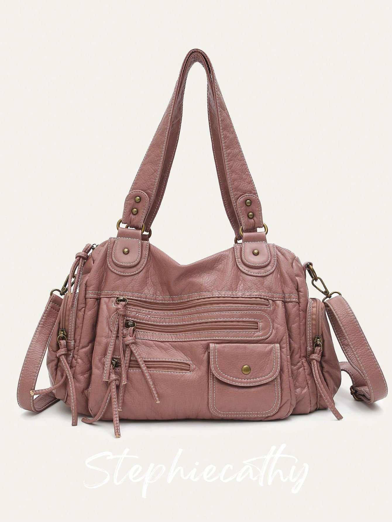 STEPHIECATHY Solid Color Washed Soft PU Faux Leather, Zipper Closure, Multi-Pocket Design, Dual Short Shoulder Straps, Adjustable Waist Belt, Unisex, Retro Casual Practical, Suitable For School & Dail