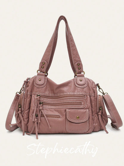 STEPHIECATHY Solid Color Washed Soft PU Faux Leather, Zipper Closure, Multi-Pocket Design, Dual Short Shoulder Straps, Adjustable Waist Belt, Unisex, Retro Casual Practical, Suitable For School & Dail
