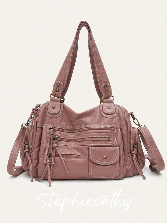 STEPHIECATHY Solid Color Washed Soft PU Faux Leather, Zipper Closure, Multi-Pocket Design, Dual Short Shoulder Straps, Adjustable Waist Belt, Unisex, Retro Casual Practical, Suitable For School & Dail