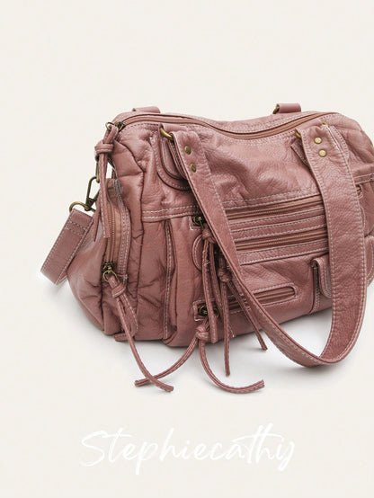 STEPHIECATHY Solid Color Washed Soft PU Faux Leather, Zipper Closure, Multi-Pocket Design, Dual Short Shoulder Straps, Adjustable Waist Belt, Unisex, Retro Casual Practical, Suitable For School & Dail