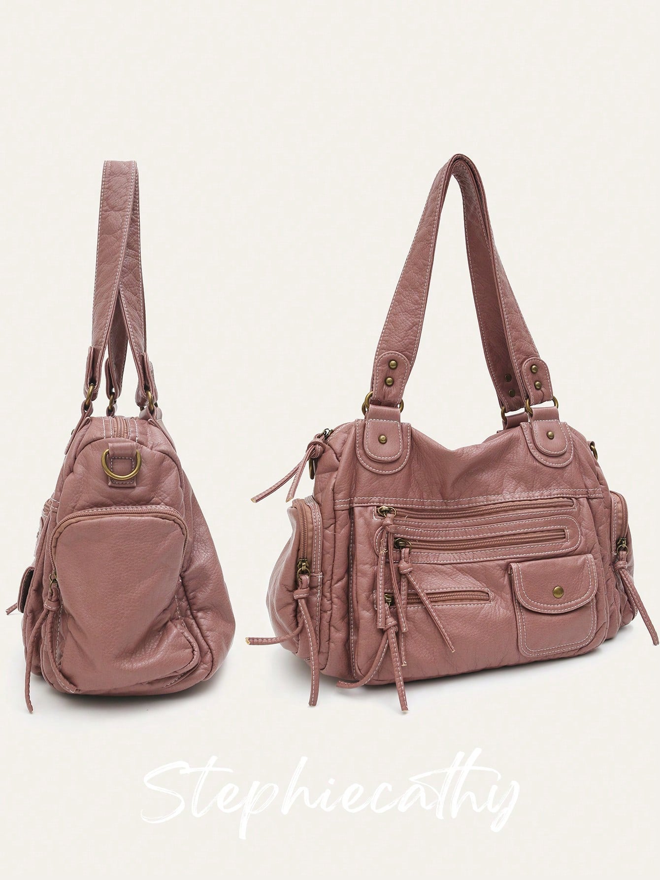 STEPHIECATHY Solid Color Washed Soft PU Faux Leather, Zipper Closure, Multi-Pocket Design, Dual Short Shoulder Straps, Adjustable Waist Belt, Unisex, Retro Casual Practical, Suitable For School & Dail