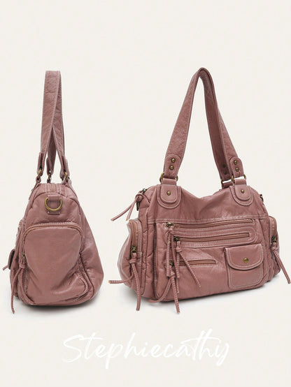 STEPHIECATHY Solid Color Washed Soft PU Faux Leather, Zipper Closure, Multi-Pocket Design, Dual Short Shoulder Straps, Adjustable Waist Belt, Unisex, Retro Casual Practical, Suitable For School & Dail