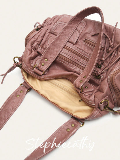 STEPHIECATHY Solid Color Washed Soft PU Faux Leather, Zipper Closure, Multi-Pocket Design, Dual Short Shoulder Straps, Adjustable Waist Belt, Unisex, Retro Casual Practical, Suitable For School & Dail