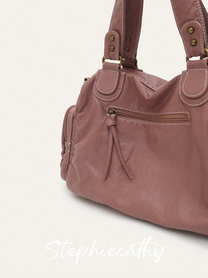 STEPHIECATHY Solid Color Washed Soft PU Faux Leather, Zipper Closure, Multi-Pocket Design, Dual Short Shoulder Straps, Adjustable Waist Belt, Unisex, Retro Casual Practical, Suitable For School & Dail