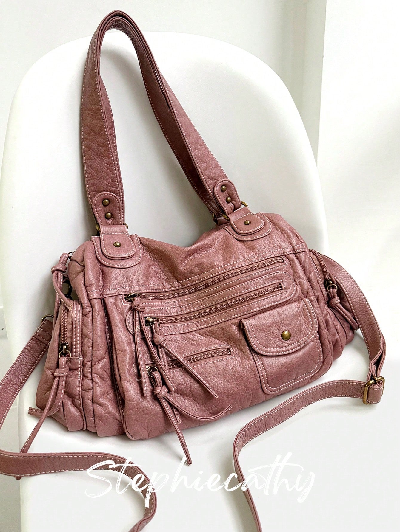 STEPHIECATHY Solid Color Washed Soft PU Faux Leather, Zipper Closure, Multi-Pocket Design, Dual Short Shoulder Straps, Adjustable Waist Belt, Unisex, Retro Casual Practical, Suitable For School & Dail