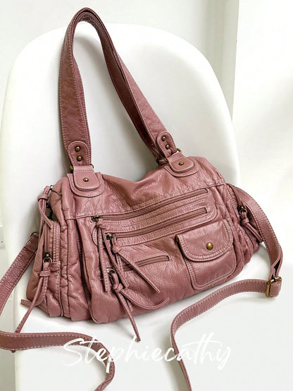 STEPHIECATHY Solid Color Washed Soft PU Faux Leather, Zipper Closure, Multi-Pocket Design, Dual Short Shoulder Straps, Adjustable Waist Belt, Unisex, Retro Casual Practical, Suitable For School & Dail