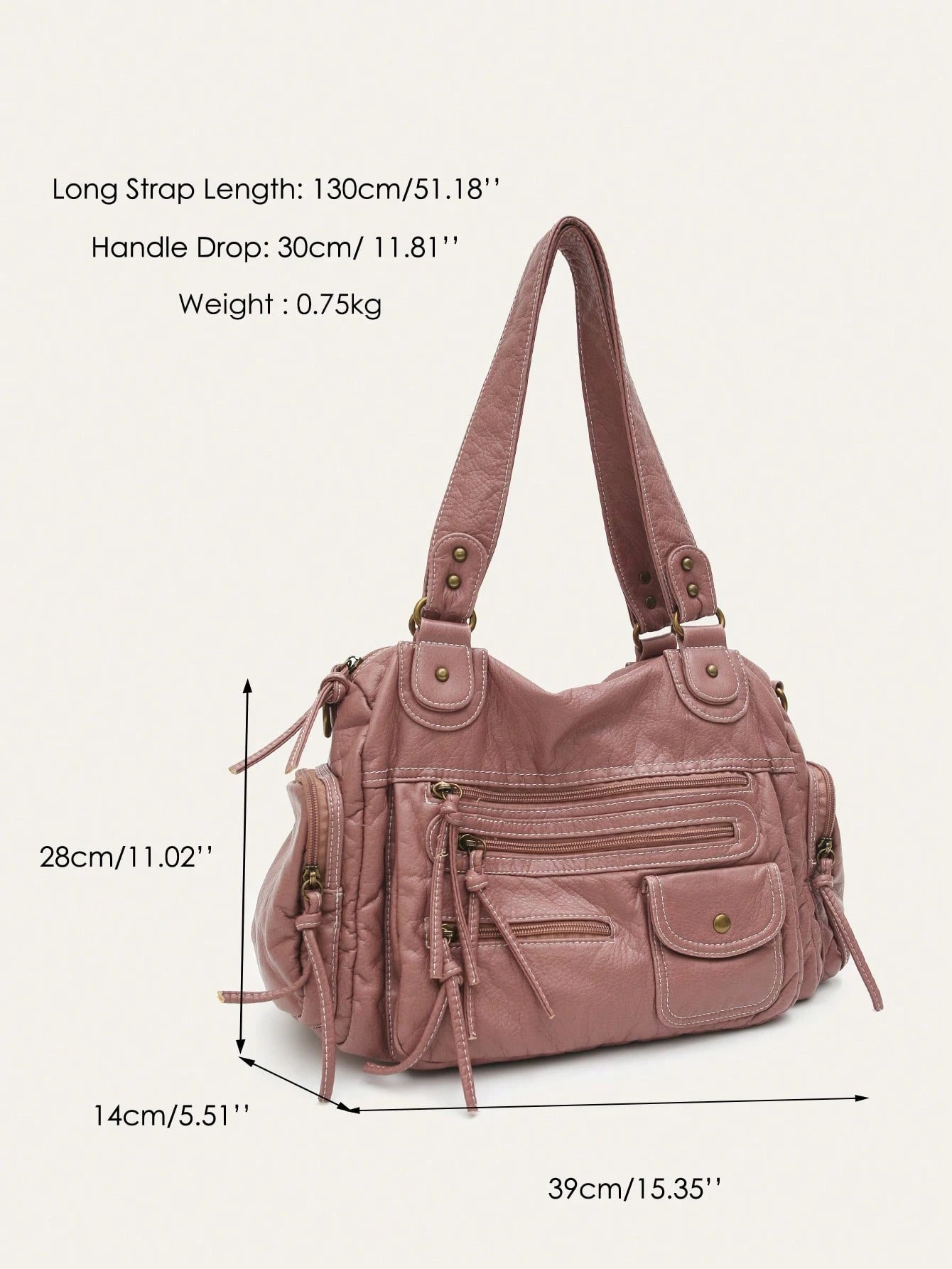 STEPHIECATHY Solid Color Washed Soft PU Faux Leather, Zipper Closure, Multi-Pocket Design, Dual Short Shoulder Straps, Adjustable Waist Belt, Unisex, Retro Casual Practical, Suitable For School & Dail