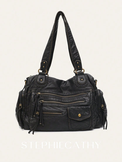STEPHIECATHY Solid Color Washed Soft PU Faux Leather, Zipper Closure, Multi-Pocket Design, Dual Short Shoulder Straps, Adjustable Waist Belt, Unisex, Retro Casual Practical, Suitable For School & Dail
