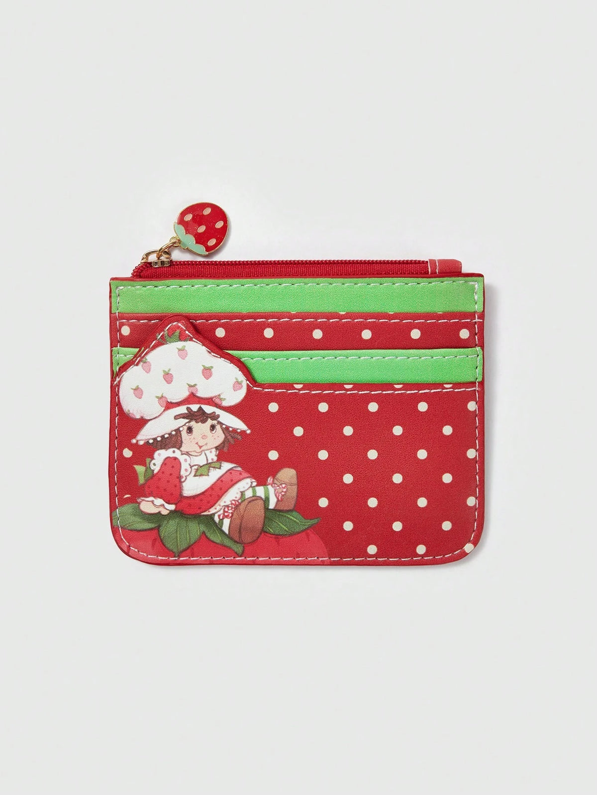Strawberry Shortcake| ROMWE Cartoon Figure & Polka Print Cartoon Zipper Card Case With Keychain, Small Storage Pouch