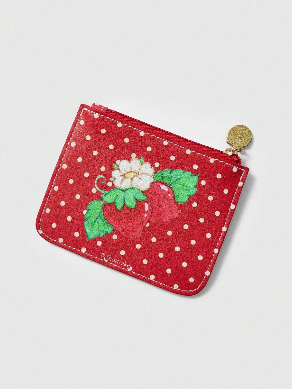 Strawberry Shortcake| ROMWE Cartoon Figure & Polka Print Cartoon Zipper Card Case With Keychain, Small Storage Pouch