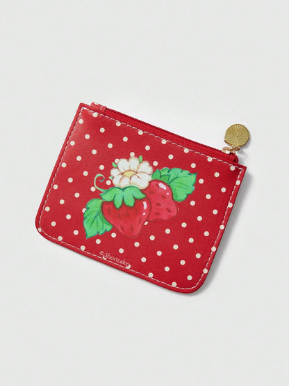 Strawberry Shortcake| ROMWE Cartoon Figure & Polka Print Cartoon Zipper Card Case With Keychain, Small Storage Pouch