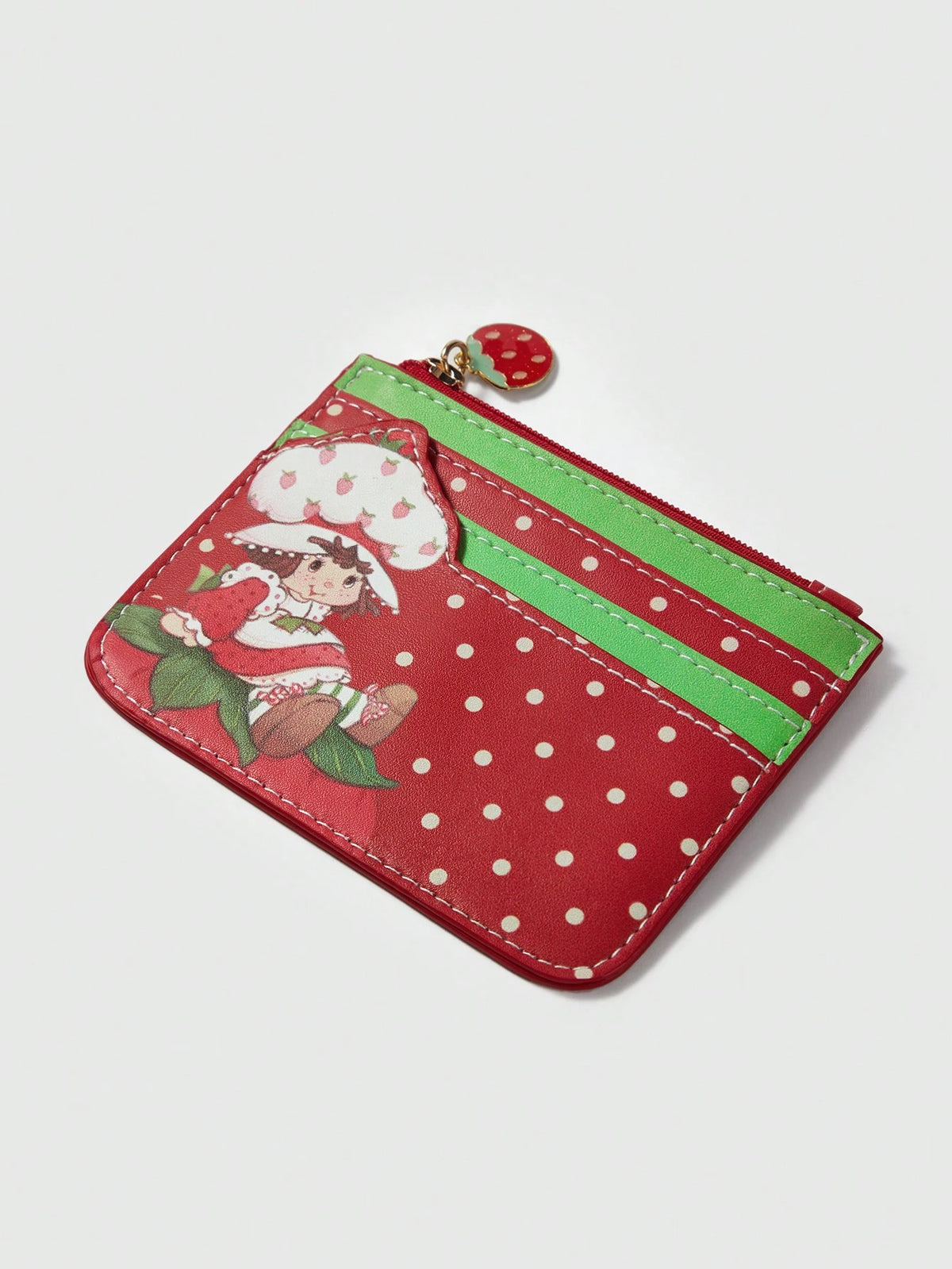 Strawberry Shortcake| ROMWE Cartoon Figure & Polka Print Cartoon Zipper Card Case With Keychain, Small Storage Pouch