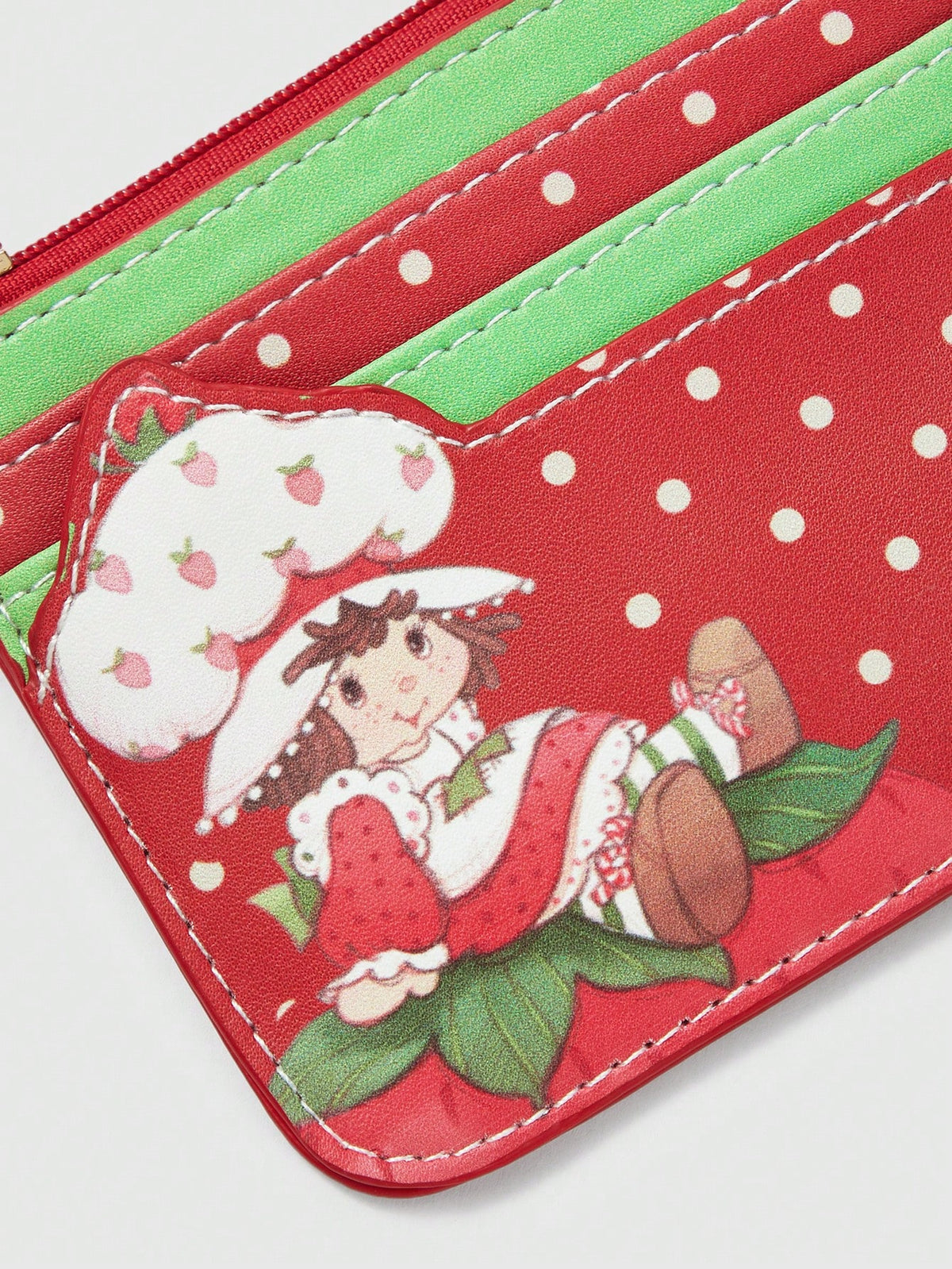 Strawberry Shortcake| ROMWE Cartoon Figure & Polka Print Cartoon Zipper Card Case With Keychain, Small Storage Pouch