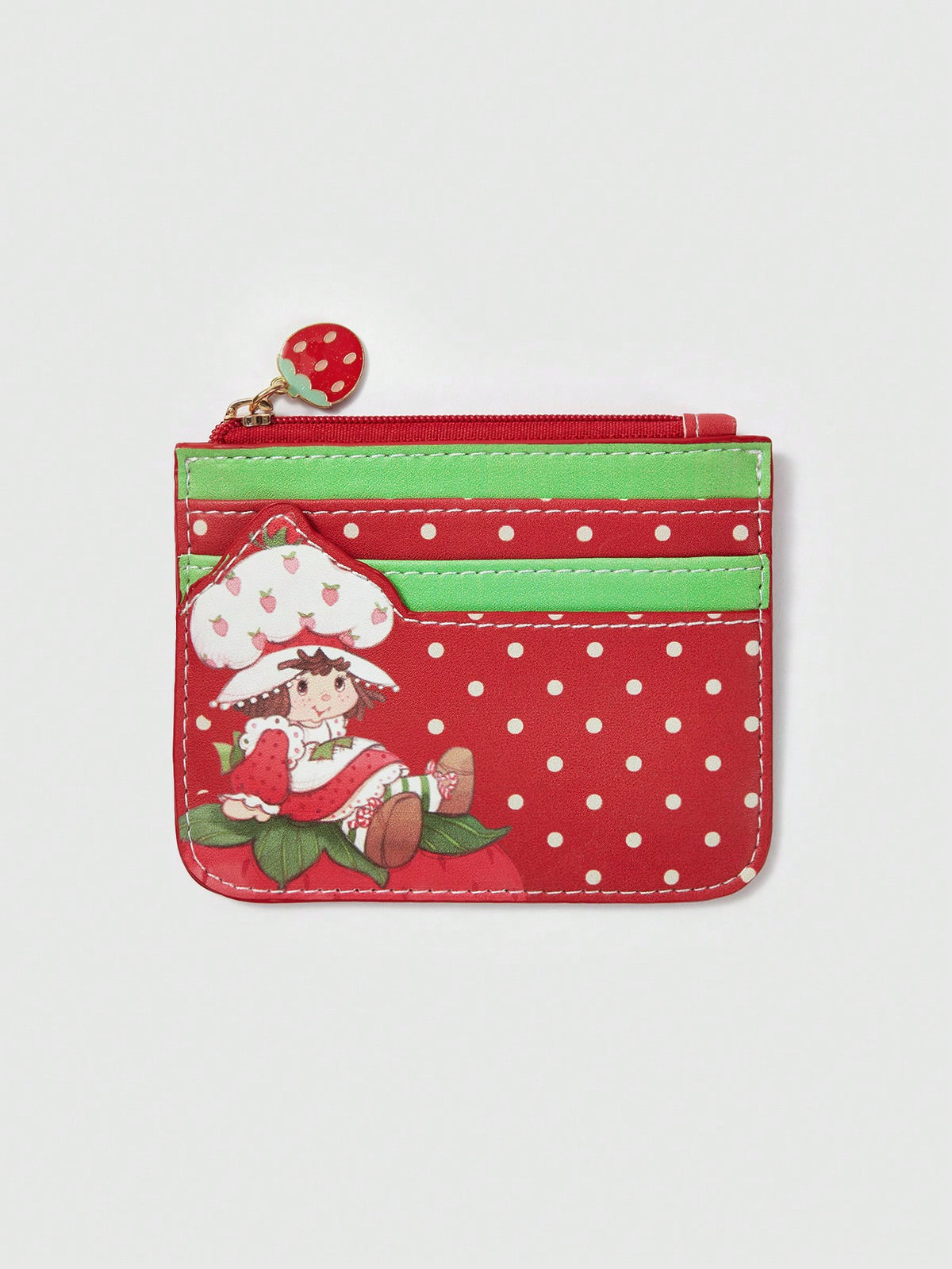Strawberry Shortcake| ROMWE Cartoon Figure & Polka Print Cartoon Zipper Card Case With Keychain, Small Storage Pouch