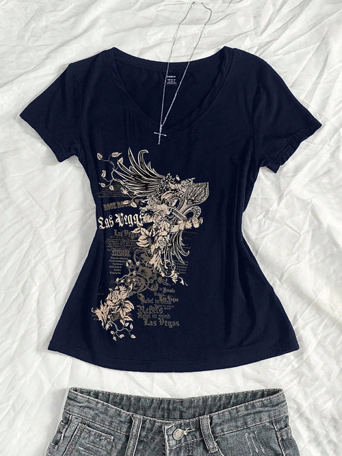 StreetHx Women's Summer V-Neck Slim Fit T-Shirt With Vintage Cross Floral Punk Subculture Anime Print, Navy Blue Short Sleeve V-Neck