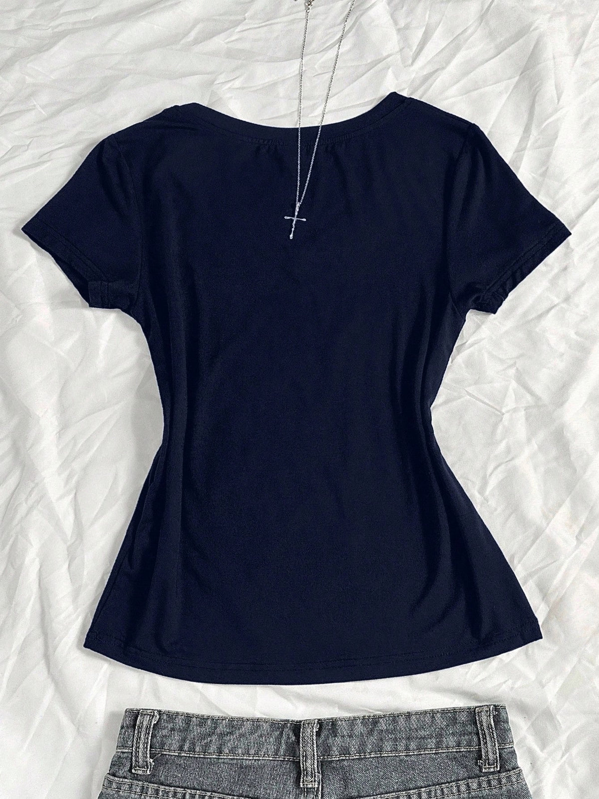 StreetHx Women's Summer V-Neck Slim Fit T-Shirt With Vintage Cross Floral Punk Subculture Anime Print, Navy Blue Short Sleeve V-Neck