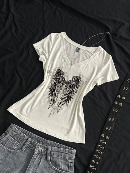 StreetHx Women's Summer V-Neck Slim Fit T-Shirt With Vintage Cross Floral Punk Subculture Anime Print, Navy Blue Short Sleeve V-Neck