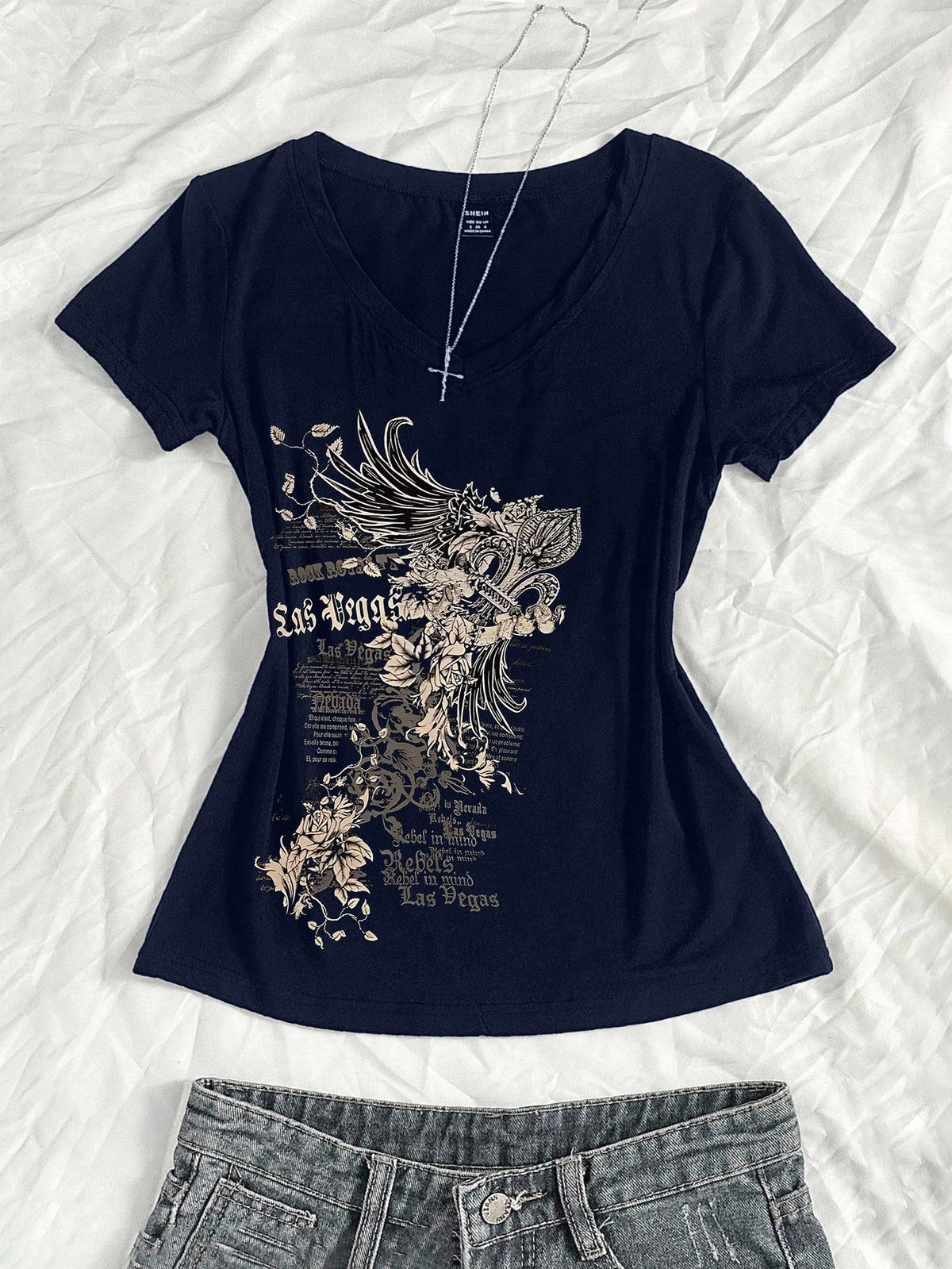 StreetHx Women's Summer V-Neck Slim Fit T-Shirt With Vintage Cross Floral Punk Subculture Anime Print, Navy Blue Short Sleeve V-Neck