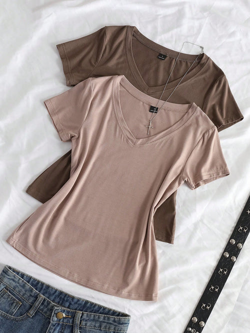 StreetHx Women's Summer V-Neck Tight T-Shirt, Punk Subculture Anime Solid Color Basic V-Neck Short Sleeve Fitted T-Shirt