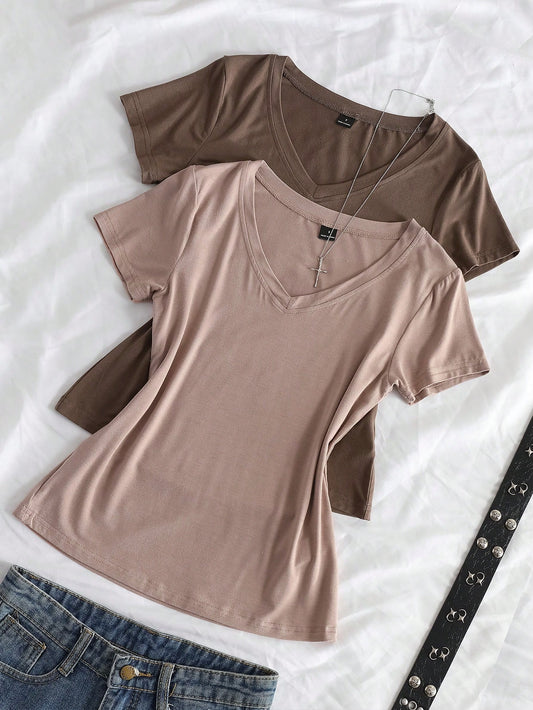 StreetHx Women's Summer V-Neck Tight T-Shirt, Punk Subculture Anime Solid Color Basic V-Neck Short Sleeve Fitted T-Shirt