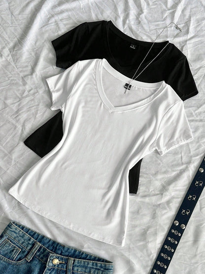 StreetHx Women's Summer V-Neck Tight T-Shirt, Punk Subculture Anime Solid Color Basic V-Neck Short Sleeve Fitted T-Shirt