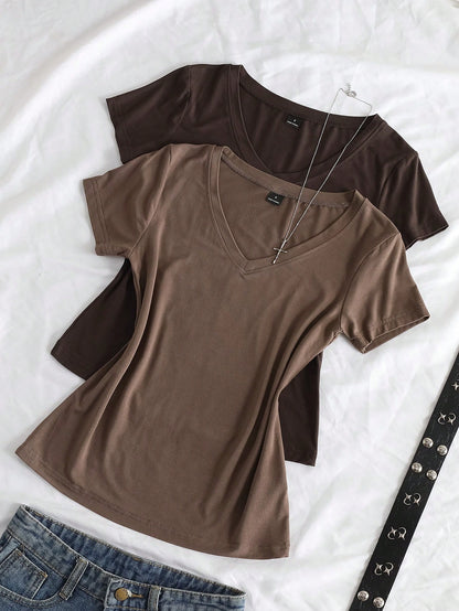StreetHx Women's Summer V-Neck Tight T-Shirt, Punk Subculture Anime Solid Color Basic V-Neck Short Sleeve Fitted T-Shirt